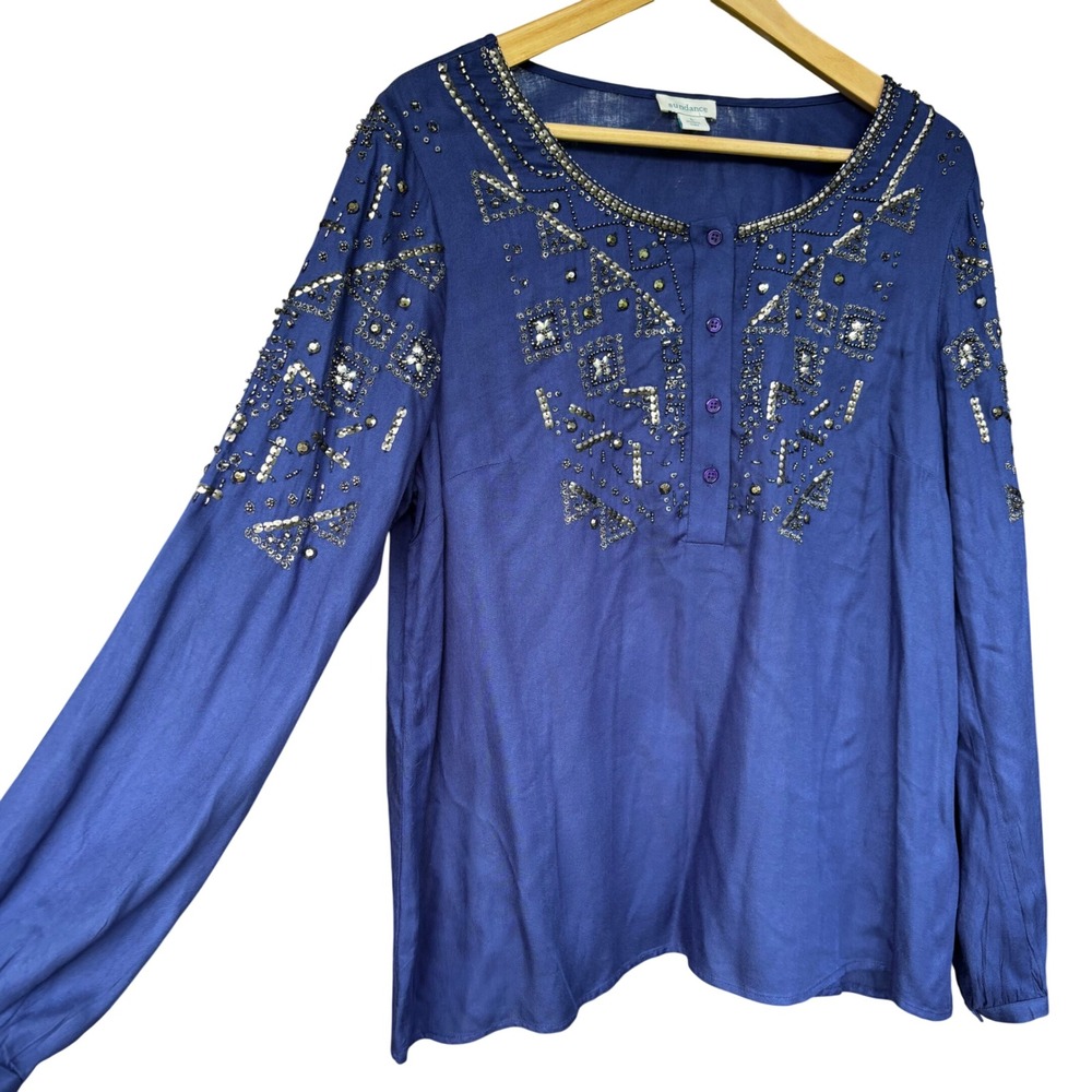 Sundance Blue Beaded Embellished Top Women's Large Long Sleeve
